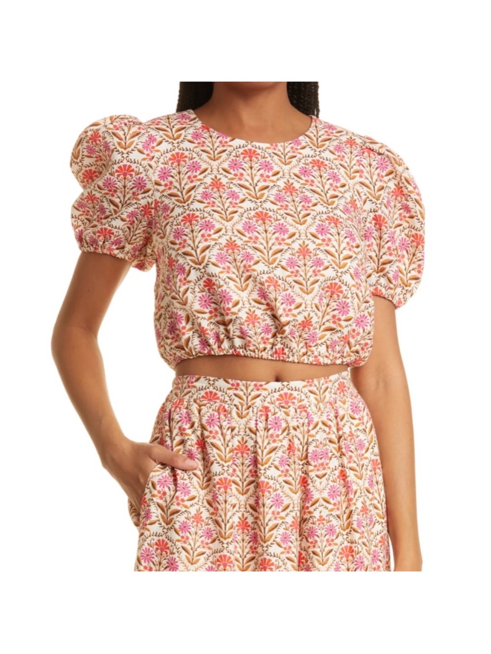 Cami NYC Pink and Cream Floral Puff-Sleeve Crop Top